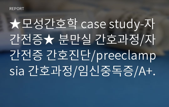 모성간호학 case study-자간전증 분만실 간호과정/자간전증 간호진단/preeclampsia 간호과정/임신중독증/A+받은 자료입니다.