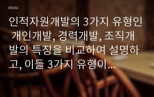 인적자원개발의 3가지 유형인 개인개발, 경력개발, 조직개발의 특징을 비교하여 설명하고, 이들 3가지 유형이 평생교육에 주는 시사점에 대해 논하시오.