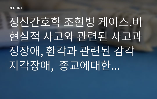 정신간호학 조현병 케이스.비현실적 사고와 관련된 사고과정장애, 환각과 관련된 감각지각장애,  종교에대한 집념과 관련된 부모역할장애위험성