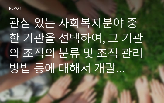 관심 있는 사회복지분야 중 한 기관을 선택하여, 그 기관의 조직의 분류 및 조직 관리 방법 등에 대해서 개괄해 본 후, 사회복지행정조직이론, 조직 관리 이론 등