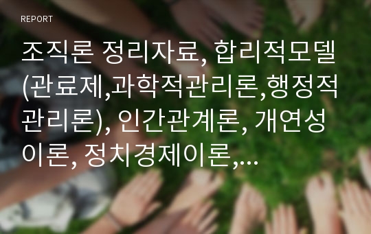 사회복지행정, 조직론 정리자료, 합리적모델(관료제,과학적관리론,행정적관리론), 인간관계론, 개연성이론, 정치경제이론, 제도이론, 최근의 조직관리이론(전문적 관료조직,품질 경영과 QC, Z이론,TQM,BPR,학습조직,신공공관리론과 신공공서비스)