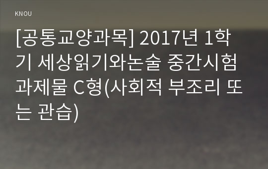 [공통교양과목] 2017년 1학기 세상읽기와논술 중간시험과제물 C형(사회적 부조리 또는 관습)