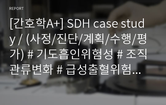 [간호학A+] SDH case study / (사정/진단/계획/수행/평가) # 기도흡인위험성 # 조직관류변화 # 급성출혈위험성 # 감염위험성 $ 체액과다