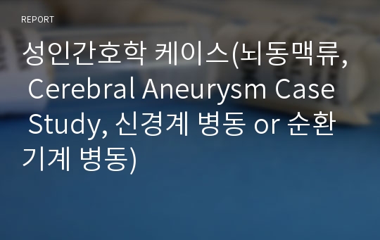 성인간호학 케이스(뇌동맥류, Cerebral Aneurysm Case Study, 신경계 병동 or 순환기계 병동)