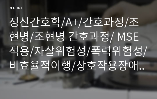 정신간호학/A+/간호과정/조현병/조현병 간호과정/ MSE적용/자살위험성/폭력위험성/비효율적이행/상호작용장애/가족기능장애