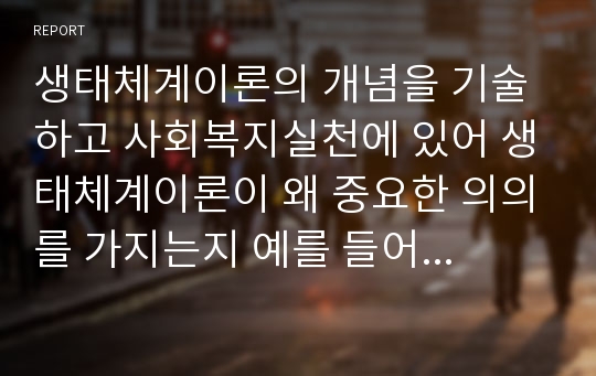 생태체계이론의 개념을 기술하고 사회복지실천에 있어 생태체계이론이 왜 중요한 의의를 가지는지 예를 들어 개인의 견해를 제시하세요.