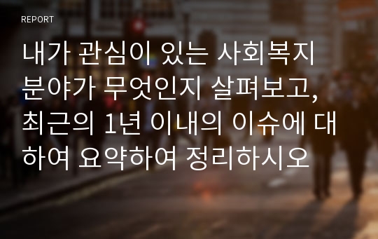 내가 관심이 있는 사회복지 분야가 무엇인지 살펴보고, 최근의 1년 이내의 이슈에 대하여 요약하여 정리하시오