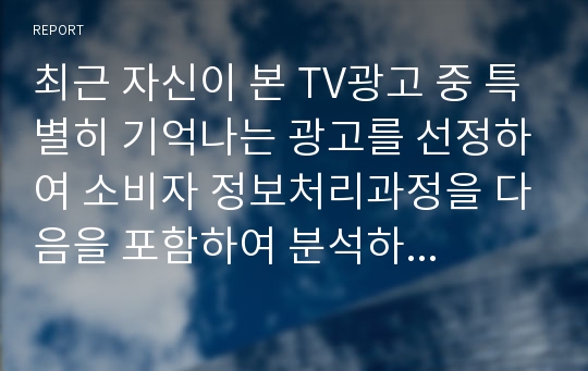 최근 자신이 본 TV광고 중 특별히 기억나는 광고를 선정하여 소비자 정보처리과정을 다음을 포함하여 분석하시오.