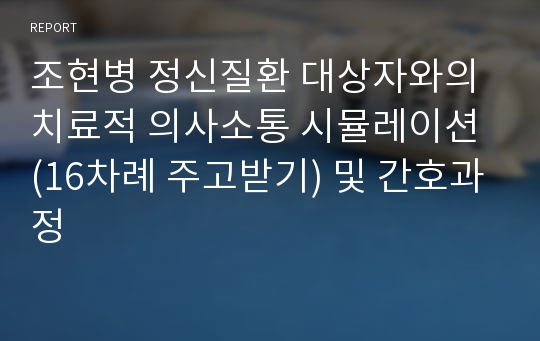 조현병 정신질환 대상자와의 치료적 의사소통 시뮬레이션 (16차례 주고받기) 및 간호과정