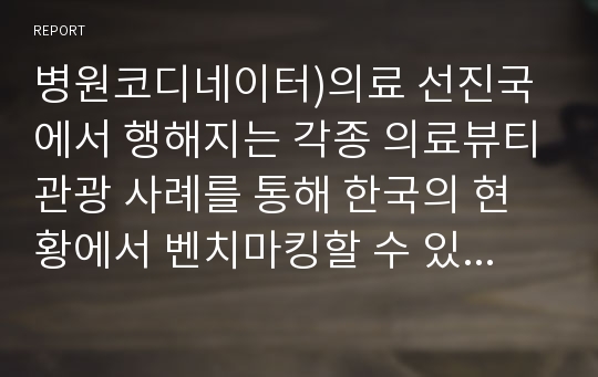 병원코디네이터)의료 선진국에서 행해지는 각종 의료뷰티관광 사례를 통해 한국의 현황에서 벤치마킹할 수 있는 사례(해외의 의료뷰티관광 사례연구)