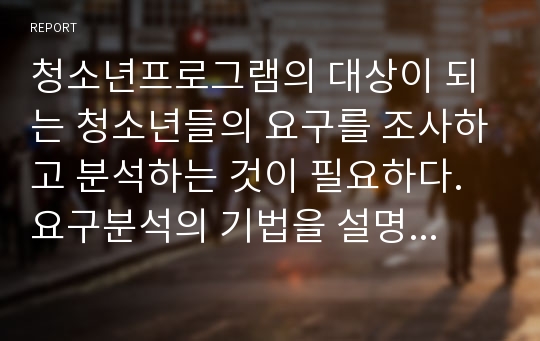 청소년프로그램의 대상이 되는 청소년들의 요구를 조사하고 분석하는 것이 필요하다. 요구분석의 기법을 설명하시오.