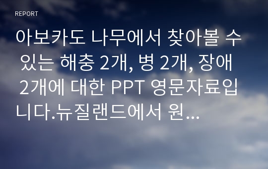 아보카도 나무에서 찾아볼 수 있는 해충 2개, 병 2개, 장애 2개에 대한 PPT 영문자료입니다.뉴질랜드에서 원예학 배울 때 만든 자료입니다.