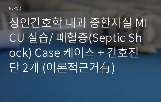 [A+] 성인간호학 내과 중환자실 MICU 실습/ 패혈증(Septic Shock) Case 케이스 - 비효과적 기도청결, 체액불균형 위험성 (이론적근거有)