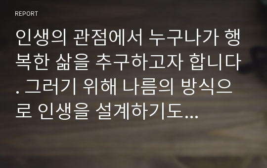 인생의 관점에서 누구나가 행복한 삶을 추구하고자 합니다. 그러기 위해 나름의 방식으로 인생을 설계하기도 하지요. 심리학을 공부하시면서, 삶의 의미를 찾아보는 것도 의미있는 일이라 생각됩니다. 이에 보고서는 5년후, 10년후, 15년후, 20년후의 나의 삶의 모습에 대한 보고서를 작성하시기 바랍니다.