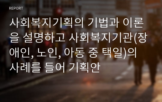 사회복지기획의 기법과 이론을 설명하고 사회복지기관(장애인, 노인, 아동 중 택일)의 사례를 들어 기획안