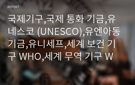 국제기구,국제 통화 기금,유네스코 (UNESCO),유엔아동기금,유니세프,세계 보건 기구 WHO,세계 무역 기구 WTO