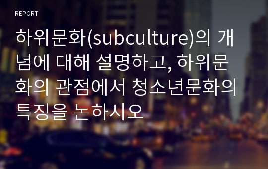 하위문화(subculture)의 개념에 대해 설명하고, 하위문화의 관점에서 청소년문화의 특징을 논하시오