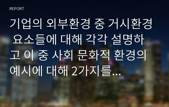 기업의 외부환경 중 거시환경 요소들에 대해 각각 설명하고 이 중 사회 문화적 환경의 예시에 대해 2가지를 설명하시오