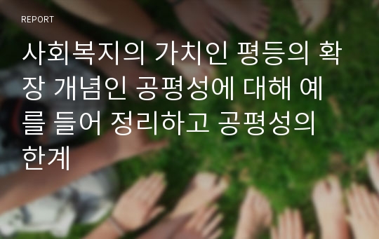 사회복지의 가치인 평등의 확장 개념인 공평성에 대해 예를 들어 정리하고 공평성의 한계