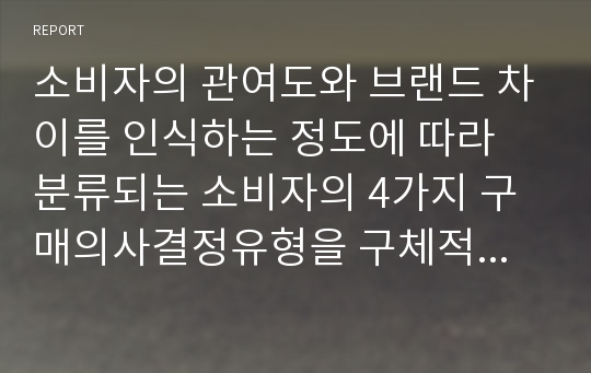 소비자의 관여도와 브랜드 차이를 인식하는 정도에 따라 분류되는 소비자의 4가지 구매의사결정유형을 구체적인 사례를 들어 개념을 설명하고, 이에 따른 마케팅시사점을 제안하시오.