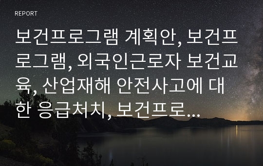 보건프로그램 계획안, 보건프로그램, 외국인근로자 보건교육, 산업재해 안전사고에 대한 응급처치, 보건프로그램개발 과제 a+ 자료입니다.!!