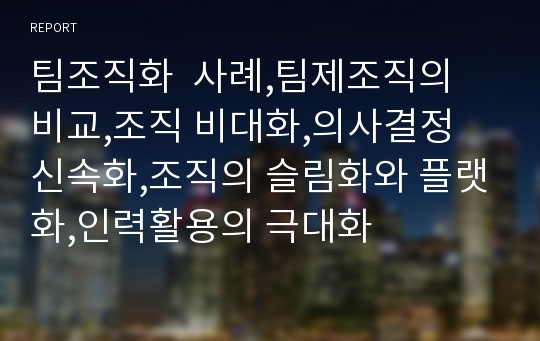 팀조직화  사례,팀제조직의 비교,조직 비대화,의사결정 신속화,조직의 슬림화와 플랫화,인력활용의 극대화