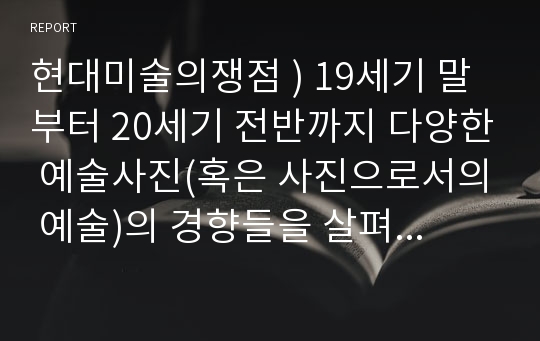 현대미술의쟁점 ) 19세기 말부터 20세기 전반까지 다양한 예술사진(혹은 사진으로서의 예술)의 경향들을 살펴보았다