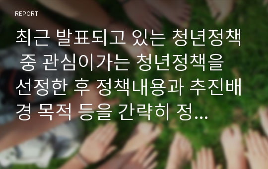 최근 발표되고 있는 청년정책 중 관심이가는 청년정책을 선정한 후 정책내용과 추진배경 목적 등을 간략히 정리하고 본인의 의견을 서술하세요