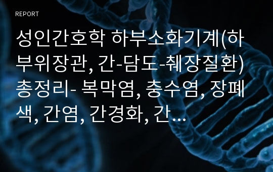 성인간호학 하부소화기계(하부위장관, 간-담도-췌장질환) 총정리- 복막염, 충수염, 장폐색, 간염, 간경화, 간암, 췌장염, 췌장암, 담석증 등