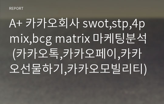 A+ 카카오회사 swot,stp,4pmix,bcg matrix 마케팅분석 (카카오톡,카카오페이,카카오선물하기,카카오모빌리티)