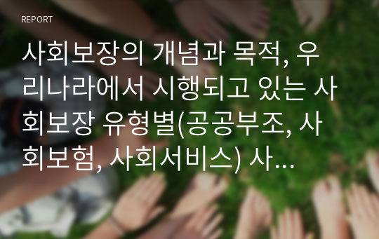 사회보장의 개념과 목적, 우리나라에서 시행되고 있는 사회보장 유형별(공공부조, 사회보험, 사회서비스) 사회복지정책/서비스를 1가지씩 각각 선택하여 관련 내용을 기술 한다.