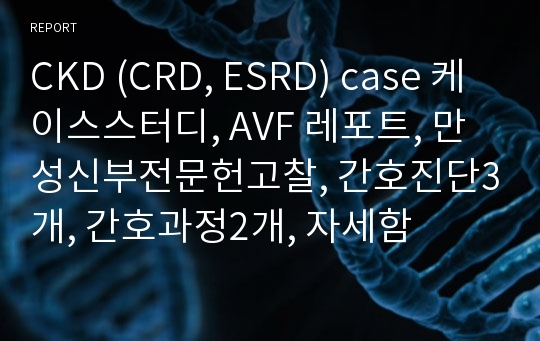 CKD (CRD, ESRD) case 케이스스터디, AVF 레포트, 만성신부전문헌고찰, 간호진단3개, 간호과정2개, 자세함