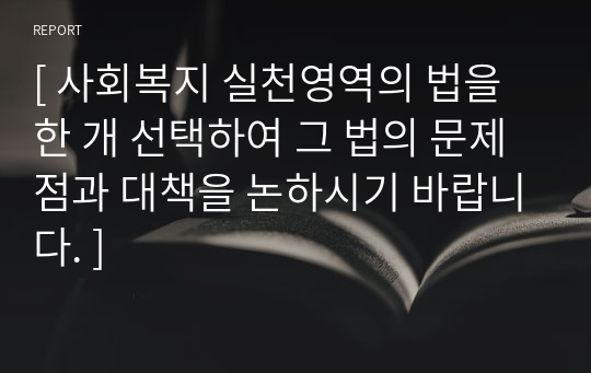 [ 사회복지 실천영역의 법을 한 개 선택하여 그 법의 문제점과 대책을 논하시기 바랍니다. ]