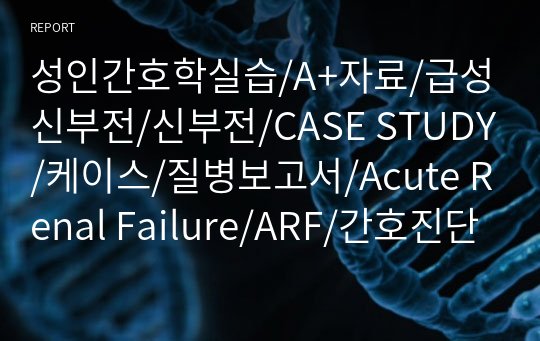성인간호학실습/A+자료/급성신부전/신부전/CASE STUDY/케이스/질병보고서/Acute Renal Failure/ARF/간호진단 및 과정 3개