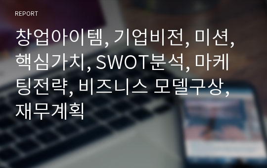 창업아이템, 기업비전, 미션, 핵심가치, SWOT분석, 마케팅전략, 비즈니스 모델구상, 재무계획