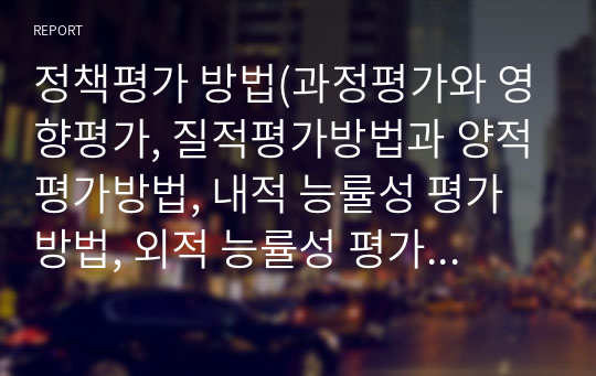 정책평가 방법(과정평가와 영향평가, 질적평가방법과 양적평가방법, 내적 능률성 평가방법, 외적 능률성 평가방법, 정확성 평가방법, 정책효과성 평가)