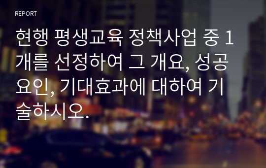 현행 평생교육 정책사업 중 1개를 선정하여 그 개요, 성공요인, 기대효과에 대하여 기술하시오.