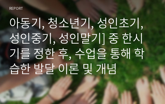 아동기, 청소년기, 성인초기, 성인중기, 성인말기] 중 한시기를 정한 후, 수업을 통해 학습한 발달 이론 및 개념