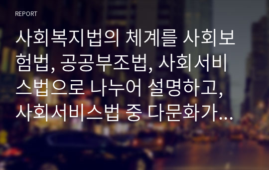 사회복지법의 체계를 사회보험법, 공공부조법, 사회서비스법으로 나누어 설명하고, 사회서비스법 중 다문화가족지원법