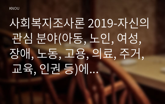 사회복지조사론 2019-자신의 관심 분야(아동, 노인, 여성, 장애, 노동, 고용, 의료, 주거, 교육, 인권 등)에서의 현안 이슈를 선정한 후, 사회복지조사론 관련된 공신력있는 사회지표를 인용하여 해당 이슈를 비평하시오 또한 이를 해결하기 위한 자신의 생각을 피력하시오.