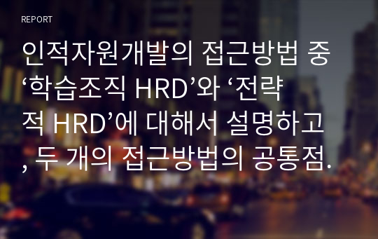 인적자원개발의 접근방법 중 ‘학습조직 HRD’와 ‘전략적 HRD’에 대해서 설명하고, 두 개의 접근방법의 공통점과 차이점