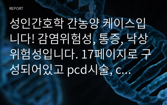 성인간호학 간농양 케이스입니다! 감염위험성, 통증, 낙상위험성입니다. 17페이지로 구성되어있고 pcd시술, ct 배양검사 등 검사결과 자세하게 기술하였습니다.