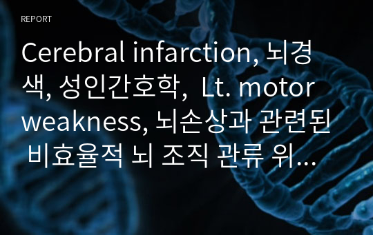 Cerebral infarction, 뇌경색, 성인간호학,  Lt. motor weakness, 뇌손상과 관련된 비효율적 뇌 조직 관류 위험성, 신경근육장애와 관련된 운동장애, 기동성 장애와 관련된 손상 위험성, 뇌손상과 관련된 불안정한 감정 조절