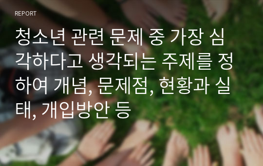 청소년 관련 문제 중 가장 심각하다고 생각되는 주제를 정하여 개념, 문제점, 현황과 실태, 개입방안 등