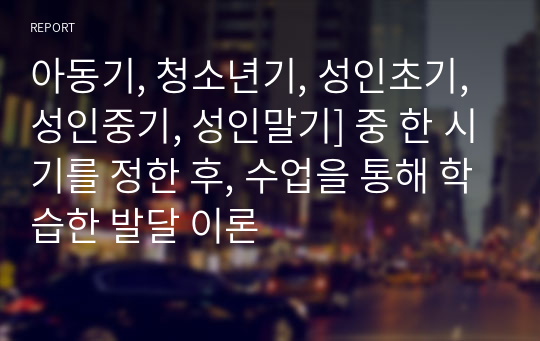 아동기, 청소년기, 성인초기, 성인중기, 성인말기] 중 한 시기를 정한 후, 수업을 통해 학습한 발달 이론