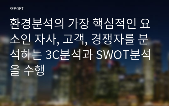 환경분석의 가장 핵심적인 요소인 자사, 고객, 경쟁자를 분석하는 3C분석과 SWOT분석을 수행