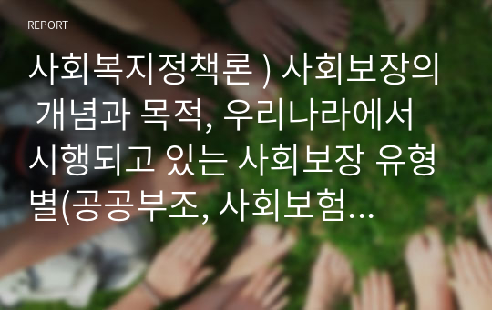 사회복지정책론 ) 사회보장의 개념과 목적, 우리나라에서 시행되고 있는 사회보장 유형별(공공부조, 사회보험, 사회서비스) 사회복지정책서비스를 1가지씩 각각 선택하여 관련 내용을 기술 한다