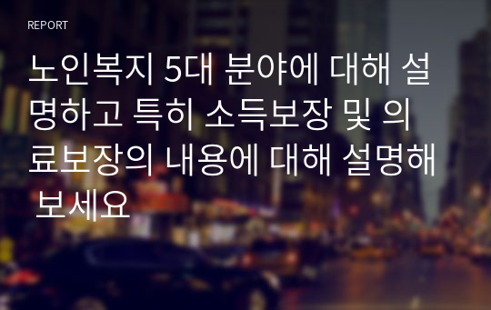 노인복지 5대 분야에 대해 설명하고 특히 소득보장 및 의료보장의 내용에 대해 설명해 보세요