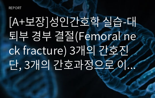 [A+보장]성인간호학실습 - 대퇴부 경부 골절(Femoral neck fracture) 3개의 간호진단, 3개의 간호과정으로 이루어진 17페이지 고퀄리티 자료입니다.