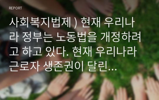 사회복지법제 ) 현재 우리나라 정부는 노동법을 개정하려고 하고 있다. 현재 우리나라 근로자 생존권이 달린 노동법 개정에 대한 문제점을 체계적으로 작성해 보시오.